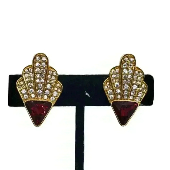 Vintage Gold Earrings Cherry Red & clear Rhinestone Clip & Screw Peacock Feather - Picture 1 of 9